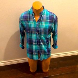Blue plaid tailored fit cotton long sleeve